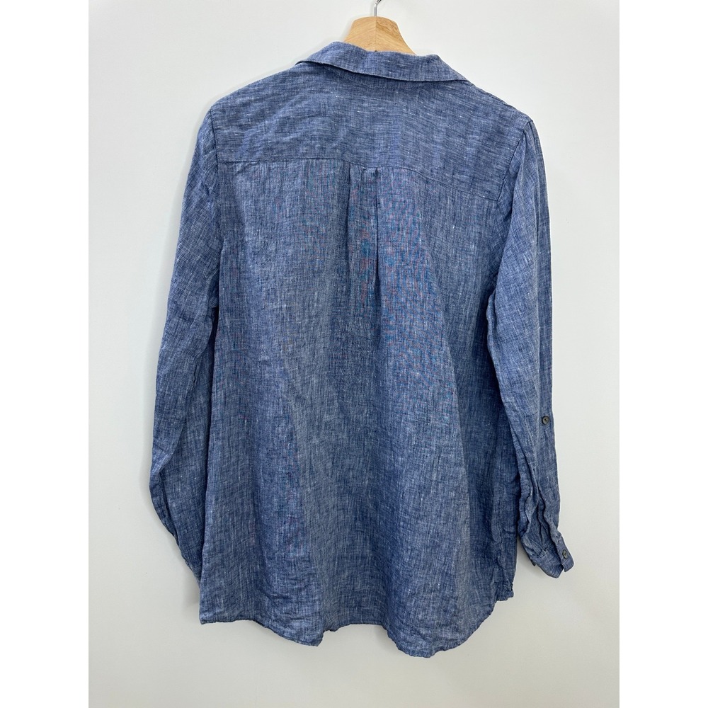 J Jill x Love Linen Roll Tab Pocket Top Medium Blue Lagonlook Coastal Beachy - Picture 7 of 14